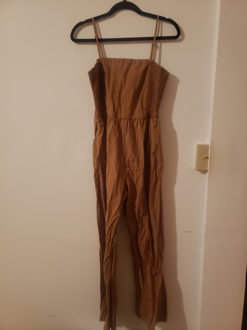 Sleeveless Smocked Tan Jumpsuit with Adjustable Straps